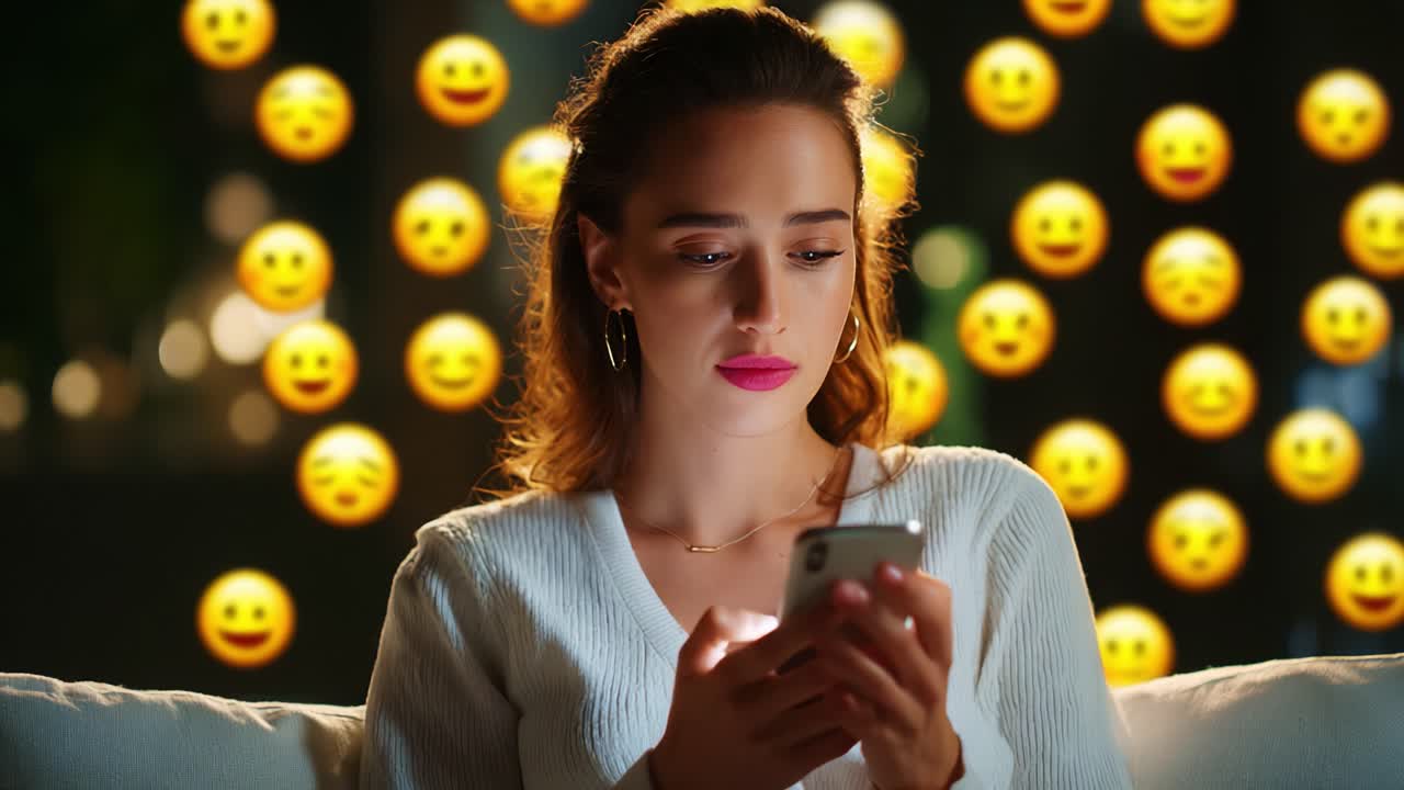 A young woman deeply engaged in her smartphone amidst a vibrant backdrop of smiling emojis, capturing the essence of digital communication in a modern, emotionally expressive environment