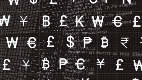 Animation-of-currency-symbols-over-data-processing-on-black-background