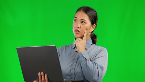 Thinking,-laptop-and-business-woman-on-green