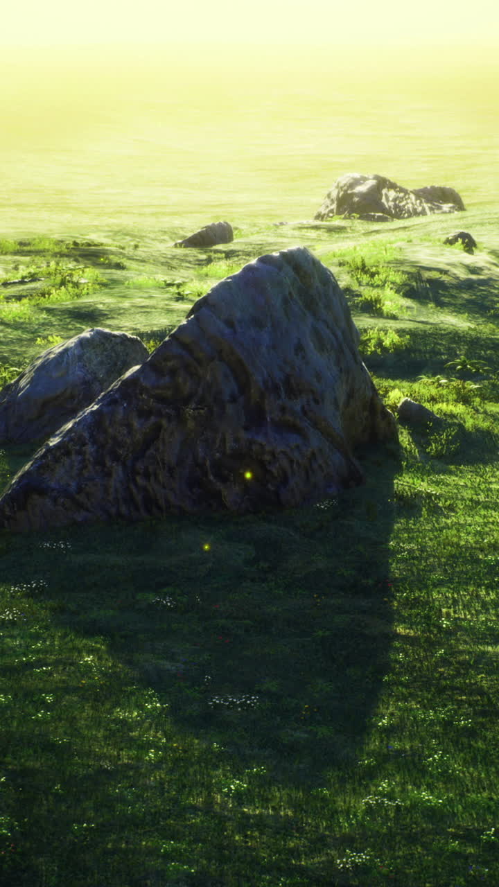 Sunset view over lush green hills with rocky formations in the distance