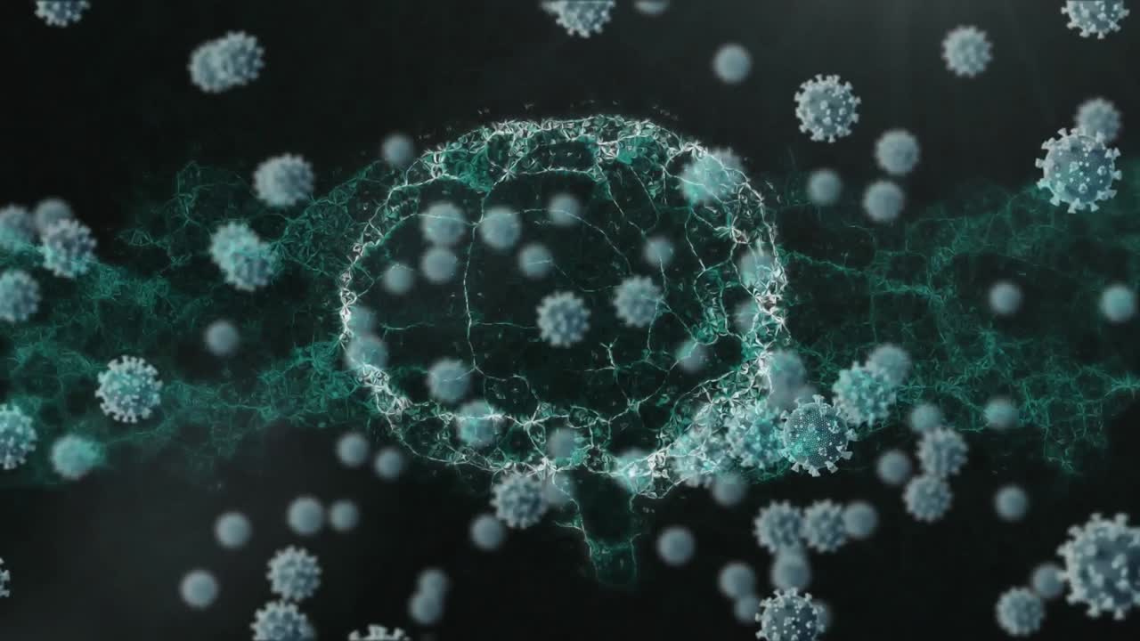 animación de células de coronavirus sobre el cerebro digital