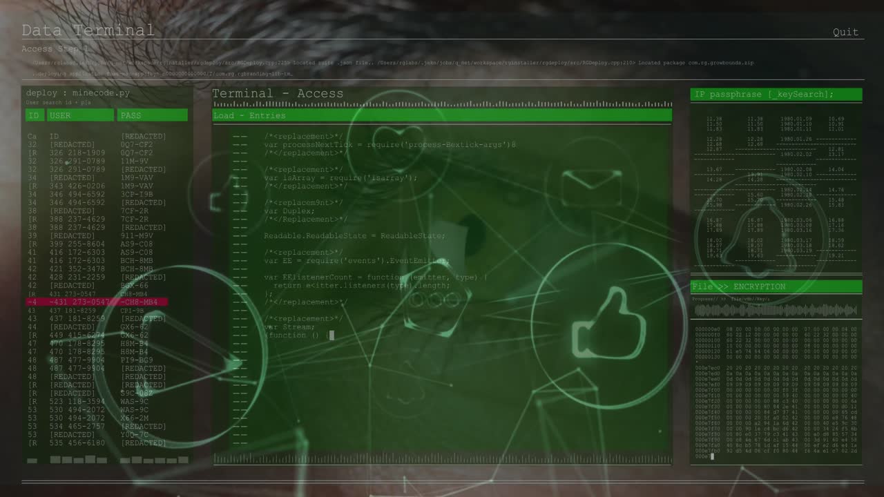 red de iconos digitales sobre la pantalla con procesamiento de datos contra el acercamiento del ojo humano