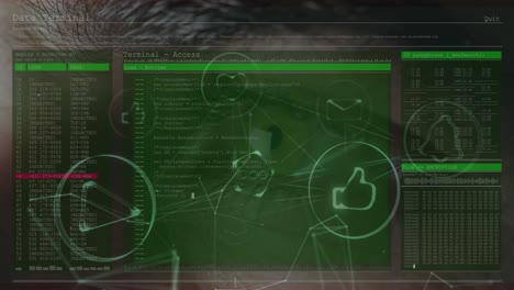 Network of digital icons over screen with data processing against close up of human eye