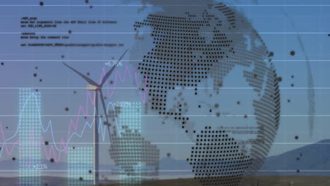 animation of globe and processing data over wind turbine in landscape