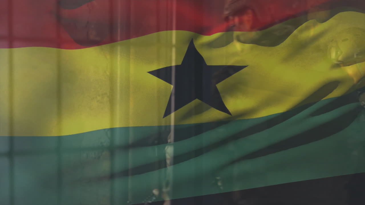 Wearing tactical gear, soldier in animation with Ghana flag in background