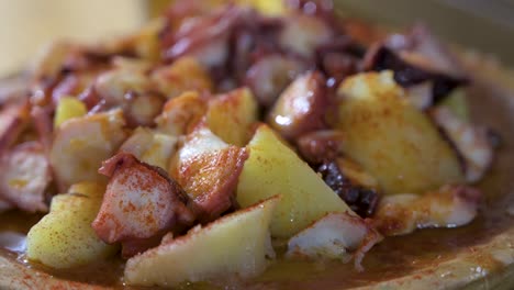 Close-up-shot-with-a-narrow-focus-of-a-Spanish-Galician-traditional-culinary-dish,-Pulpo-A-La-Gallega-,-ready-to-eat