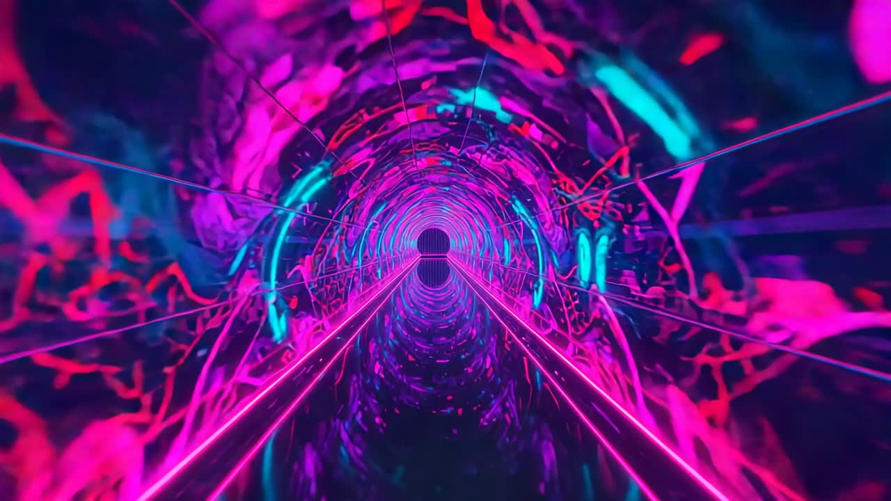 Neon-Tunnel wird initiiert, der sich an glühenden Schienen und wirbelnden Bändern vorbei in Richtung entferntes Portal bewegt