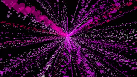 chispas de corazones en rosa, blanco y rojo que vienen del centro de la pantalla en animación tridimensional