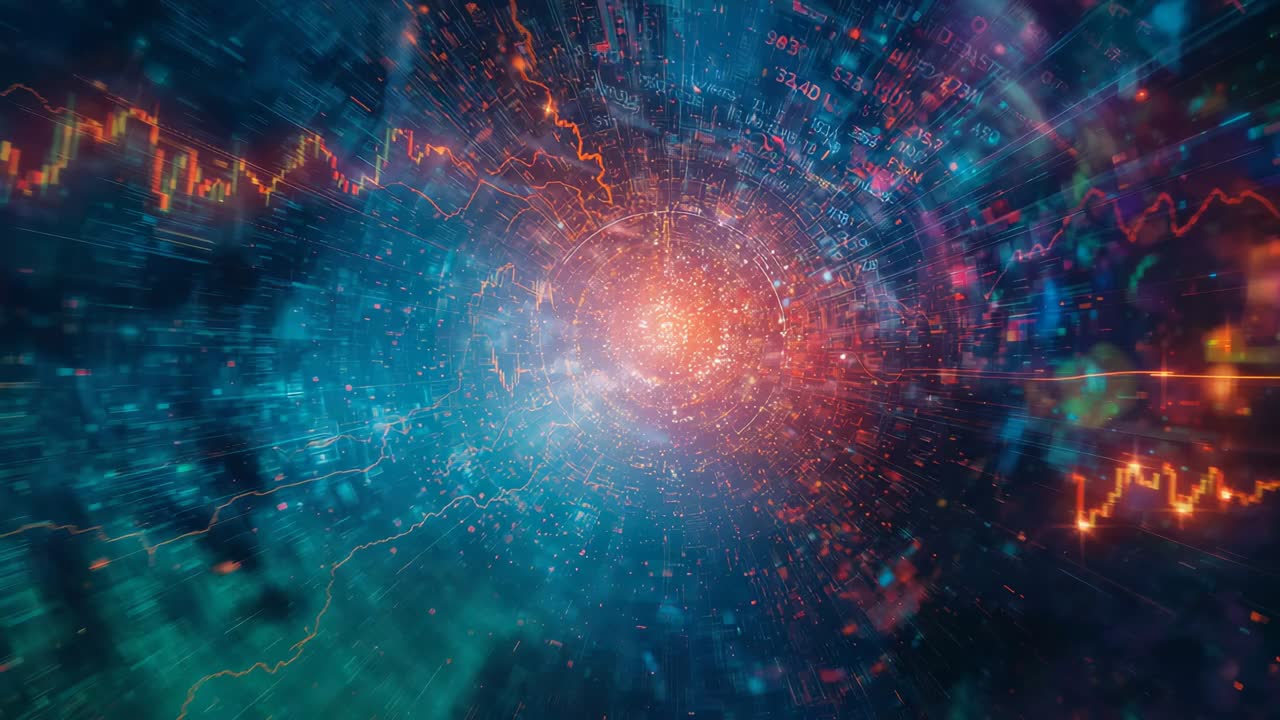 Advancing camera pushing through circuit-lined tunnel on play, revealing glowing core and particles