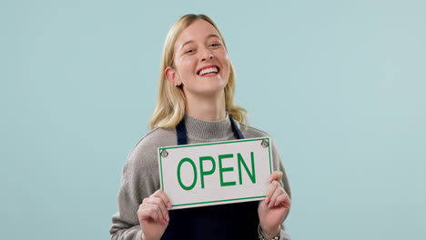 Open-sign,-woman-and-face-with-shop