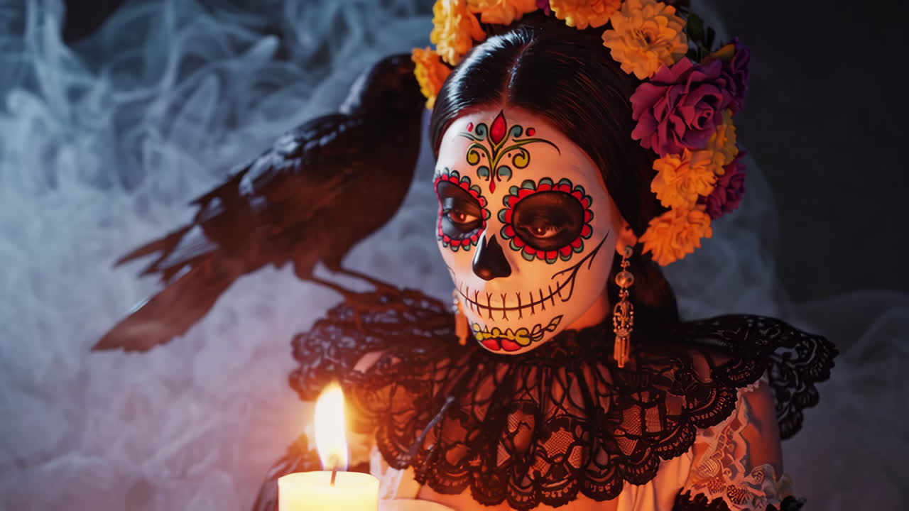 Donna del Giorno dei Morti con trucco da teschio di zucchero e fiori