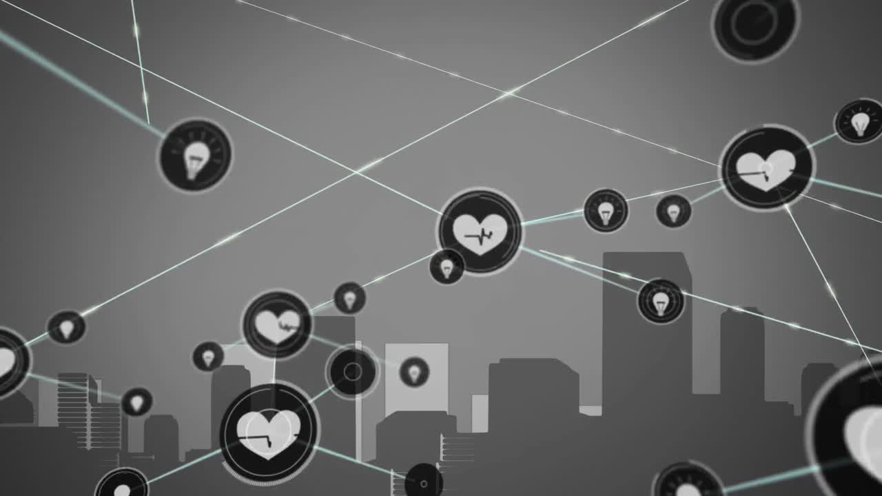 건물 위의 아이콘으로 연결된 네트워크의 애니메이션