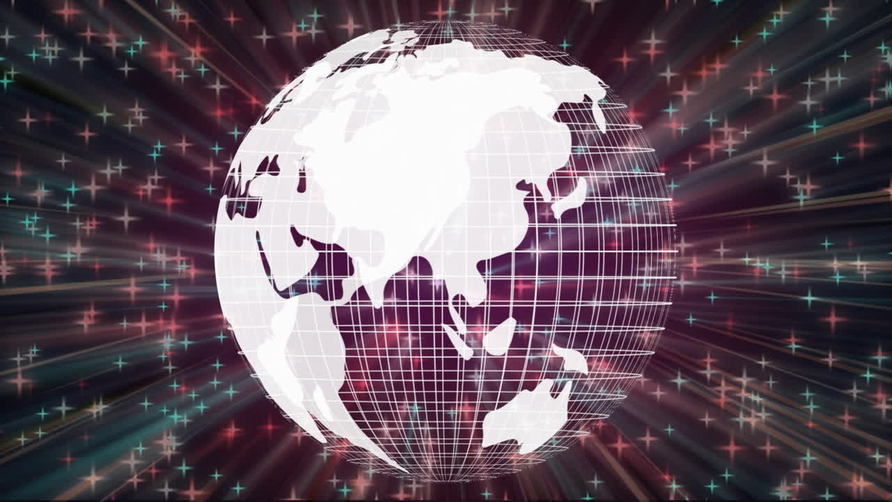 animación de un globo que gira sobre un fondo negro con estrellas caídas