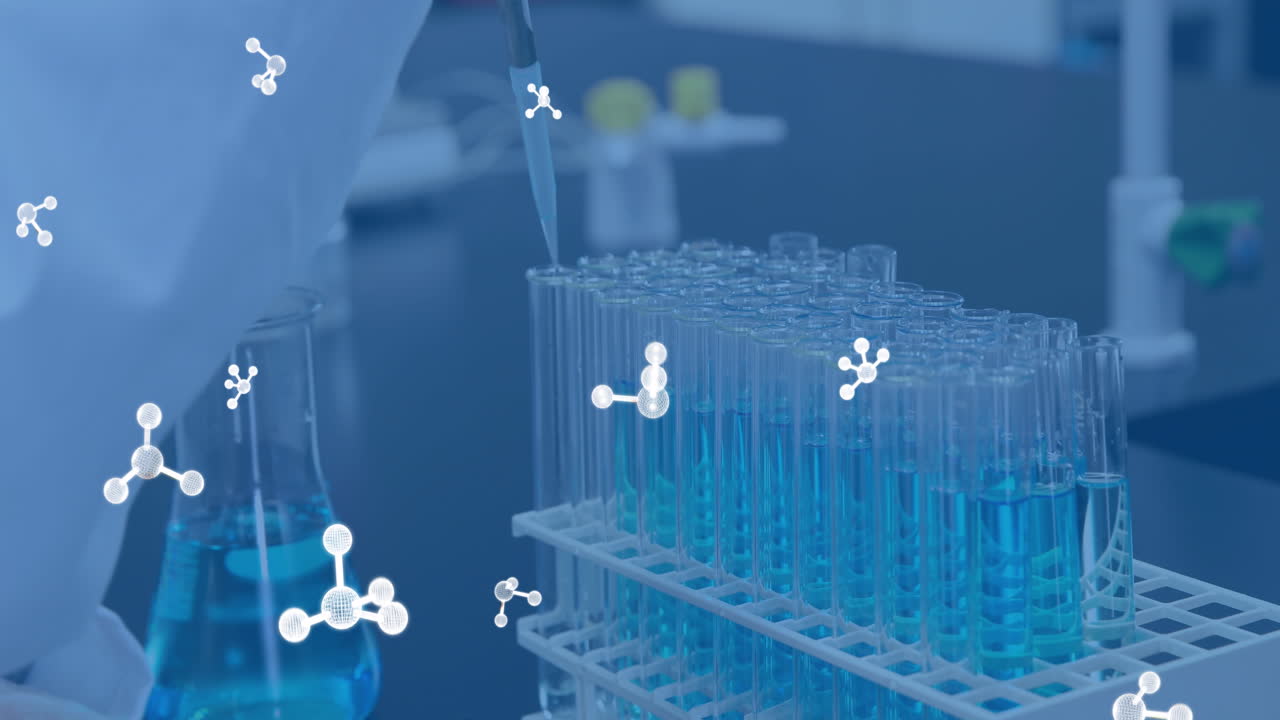 실험실에서 시험 튜브를 들고 있는 백인 과학자 위의 분자의 애니메이션