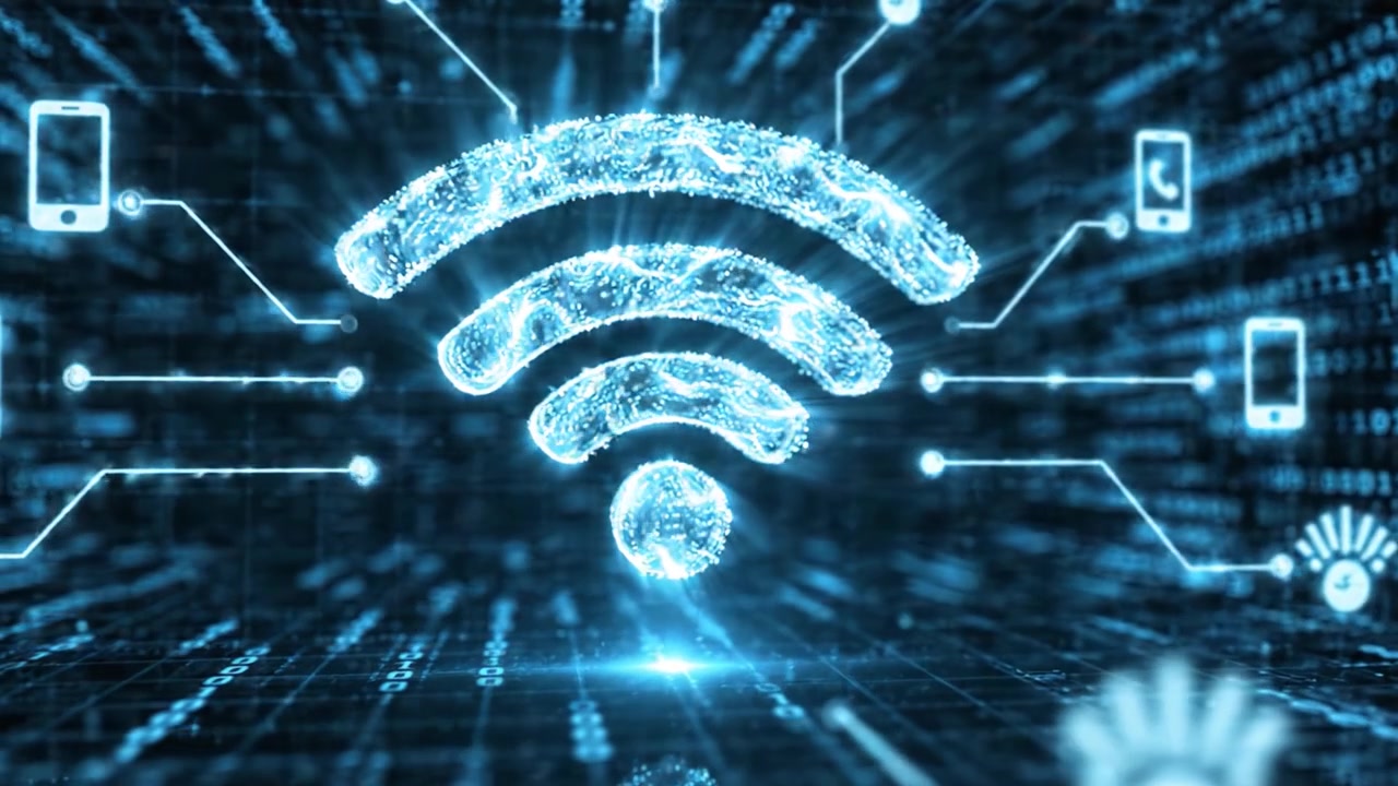 Udforskning af det digitale rige: En rejse gennem et futuristisk cybermiljø omgivet af strømme af binær kode og symboler for trådløs forbindelse.