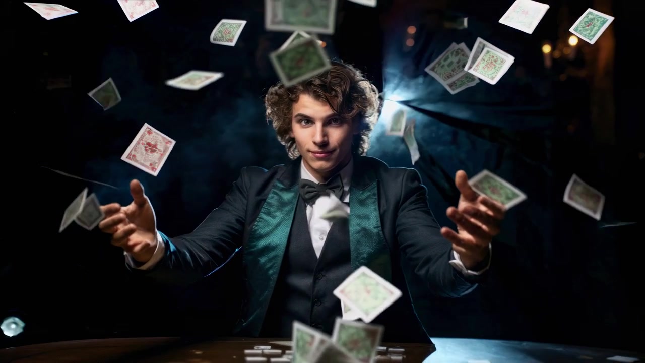 Giovane mago in smoking in posa con carte da gioco che cadono.
