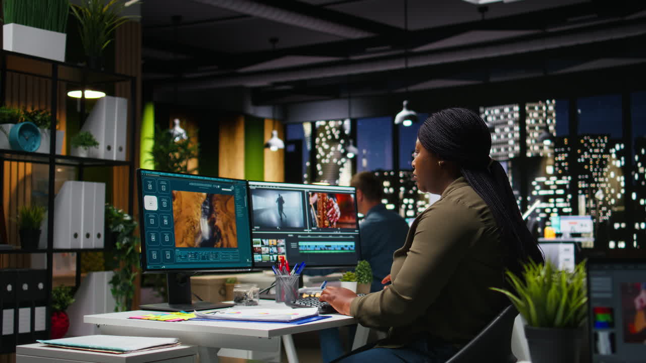 Female specialist editor working in video production industry at agency office