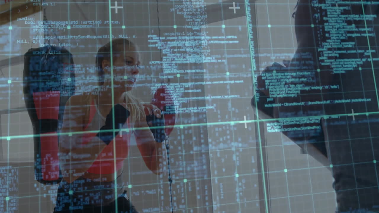 Trainer holding bag as female boxer practicing in fitness gym, with code grid overlay showing stats