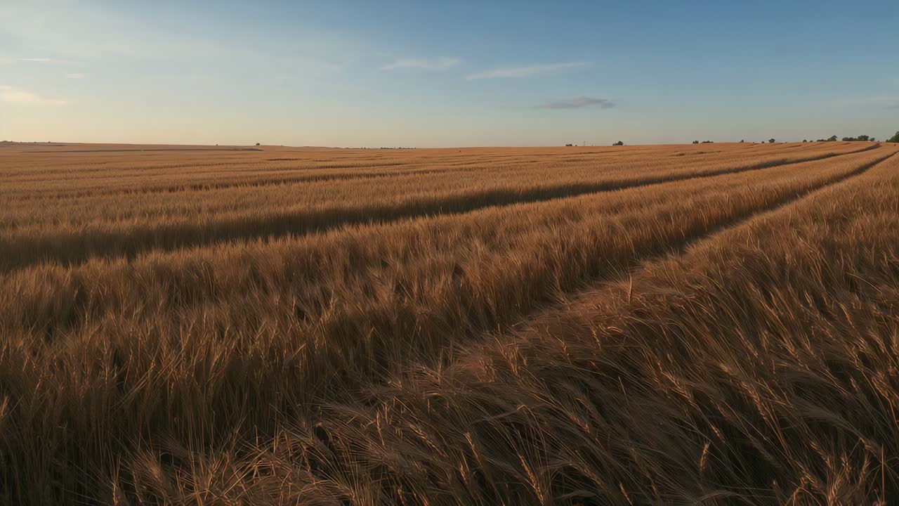 Drifting camera revealing ripe golden grain stalks swaying along tractor tracks to show field depth