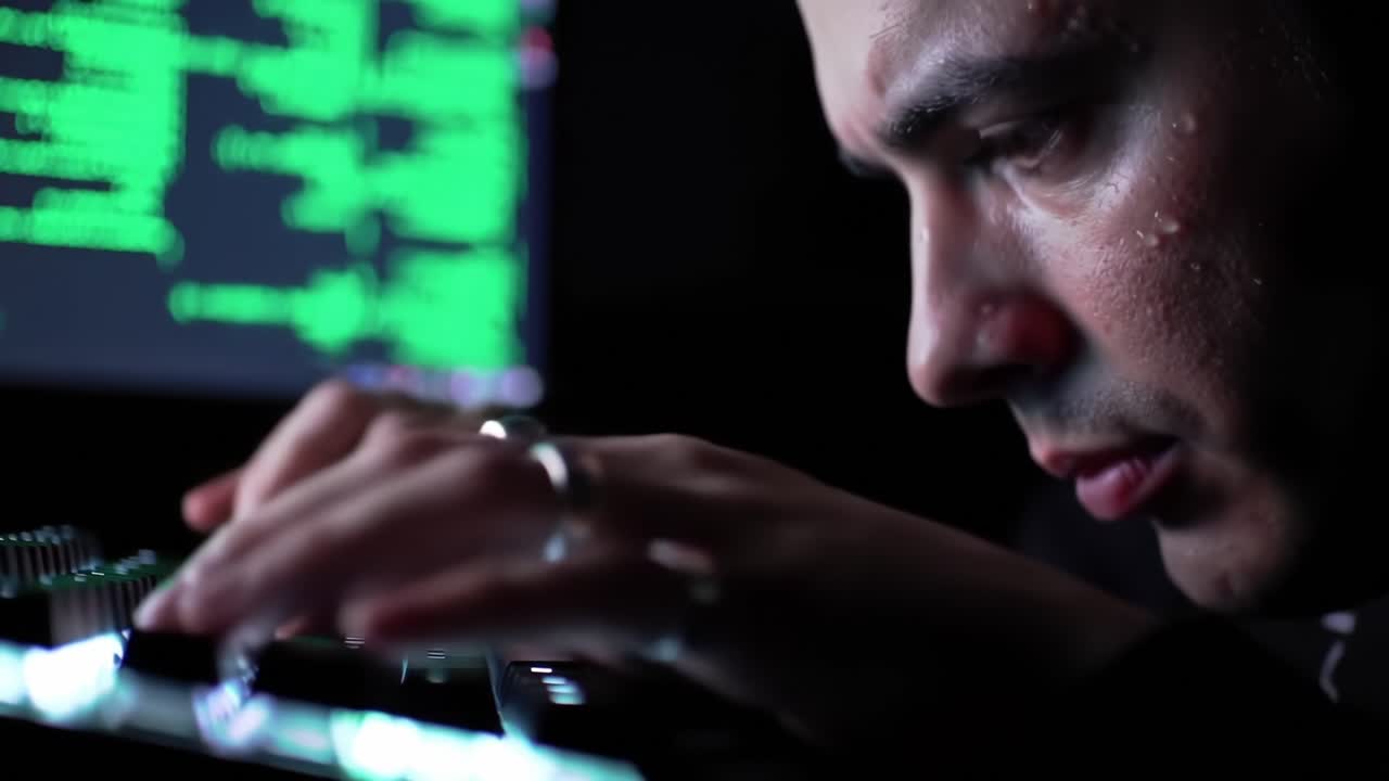 Intense Focus: A Close-Up of a Dedicated Individual Deep in Concentration While Engaged in Complex Computing Tasks on a Keyboard Surrounded by Code