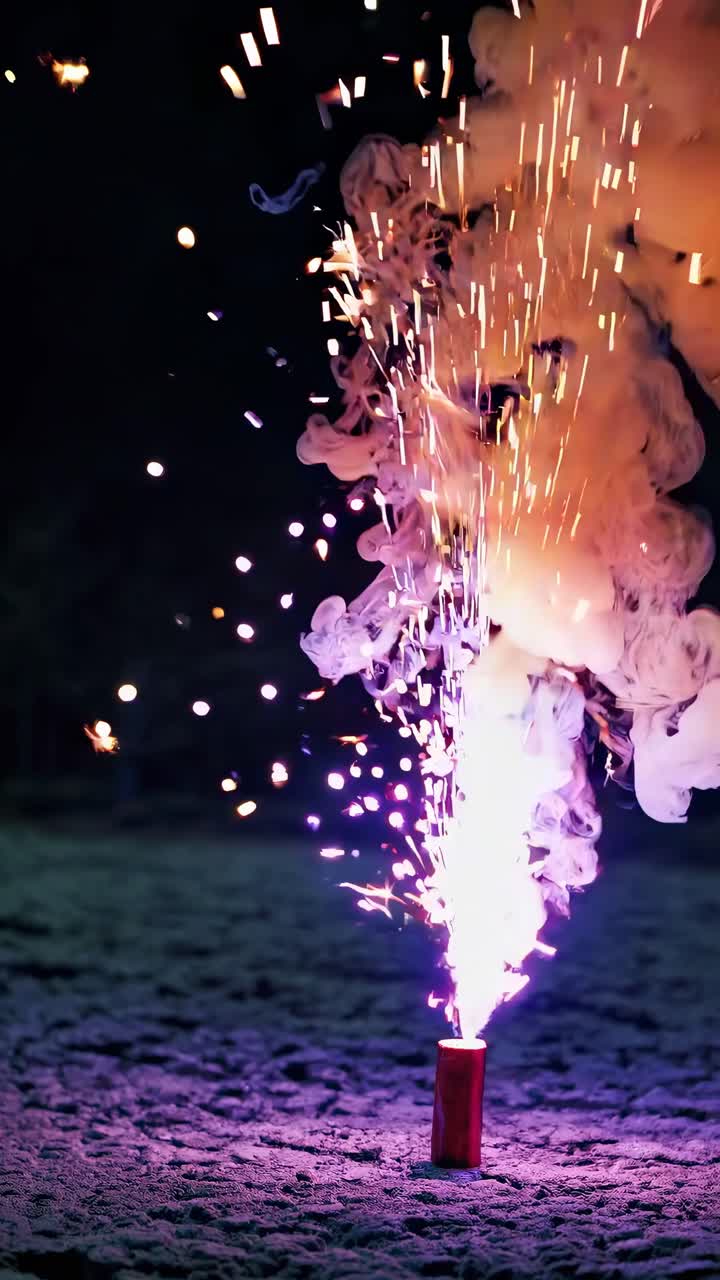Firework Fountain Emitting Sparks and Colorful Smoke at Night
