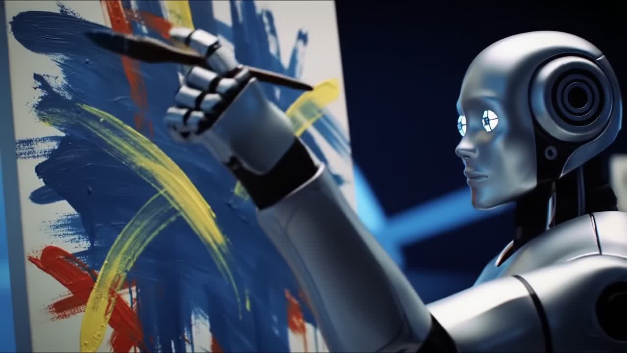 A Futuristic Robot Artist Engaging in Creative Expression with Bold Colors, Captured in Two Frames Showcasing Artistic Process and Collaboration in an Evolving Artistic Landscape