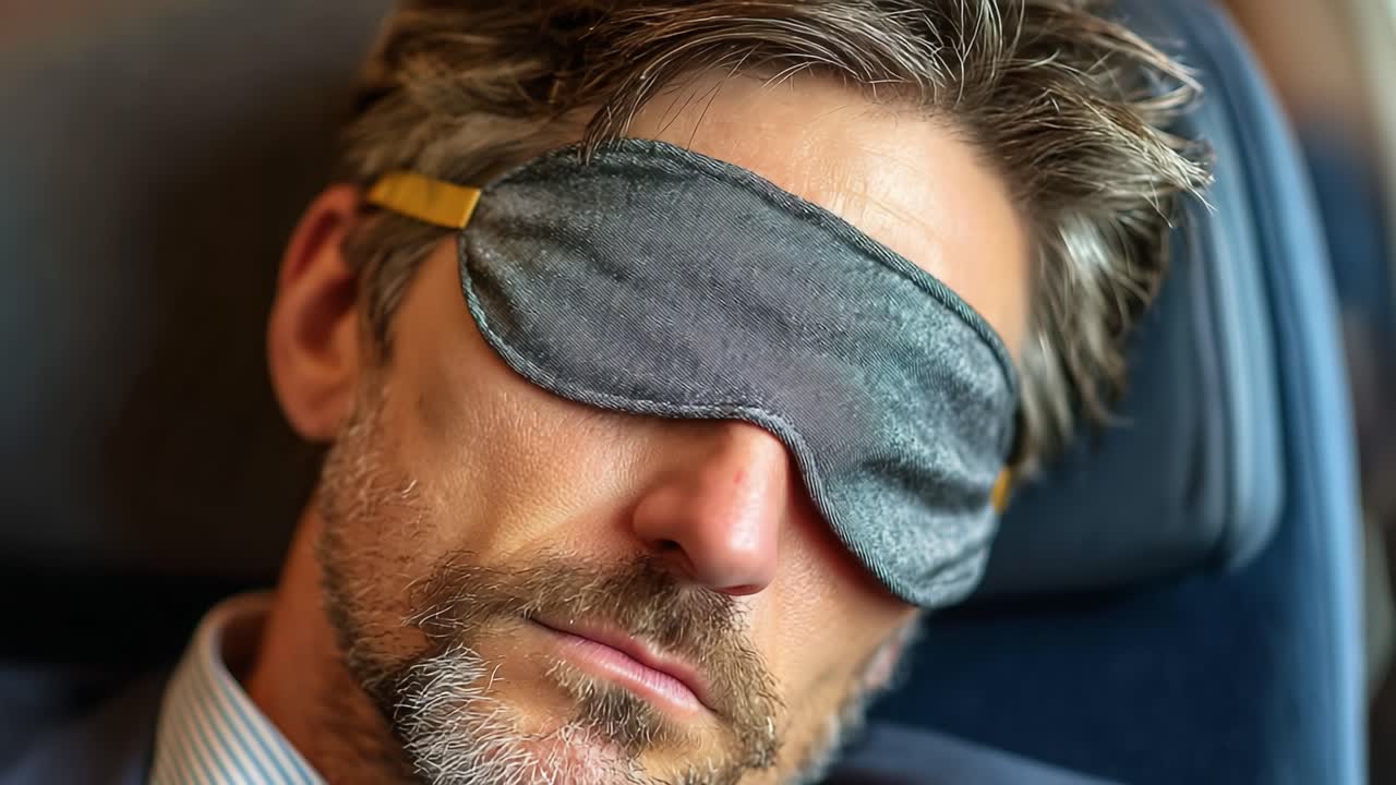 A Peaceful Traveler in Rest: The Journey of Relaxation Captured in Two Frames Shows a Man Wearing a Sleep Mask While Taking a Break from His Travels