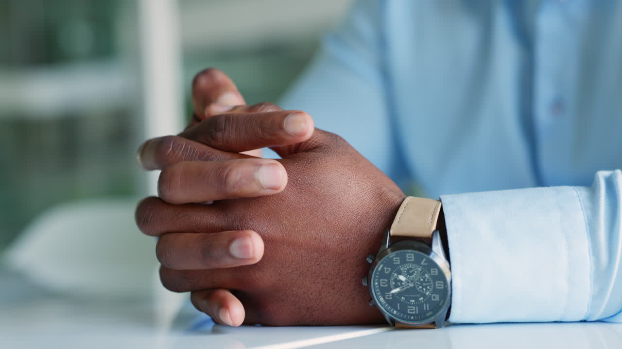 Nervous hands, anxious and worried businessman
