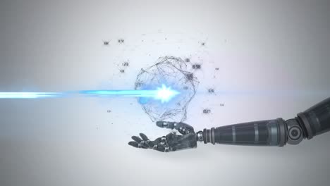 Animation-of-network-of-connections-processing-data-over-hand-of-robot-arm,-with-blue-light-on-grey