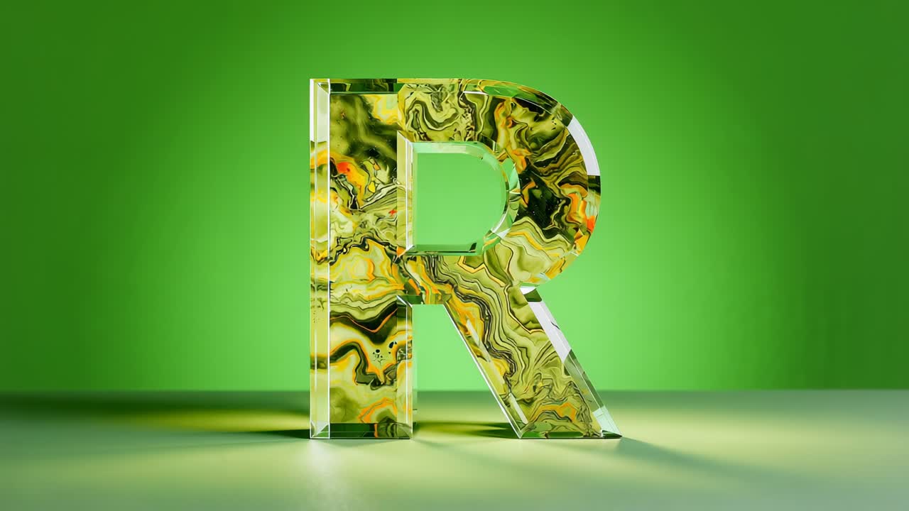 Intensifying lighting causing letter R shimmering on green studio wall with shell and marble core