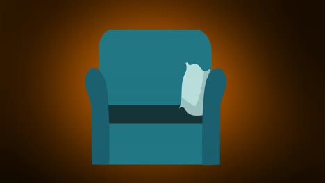 animation of illustration of blue armchair with cushion on brown background