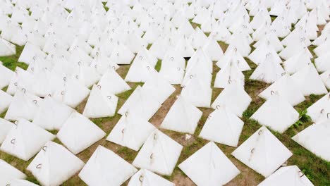 many white pyramids called dragon teeth to protect against tanks, aerial view