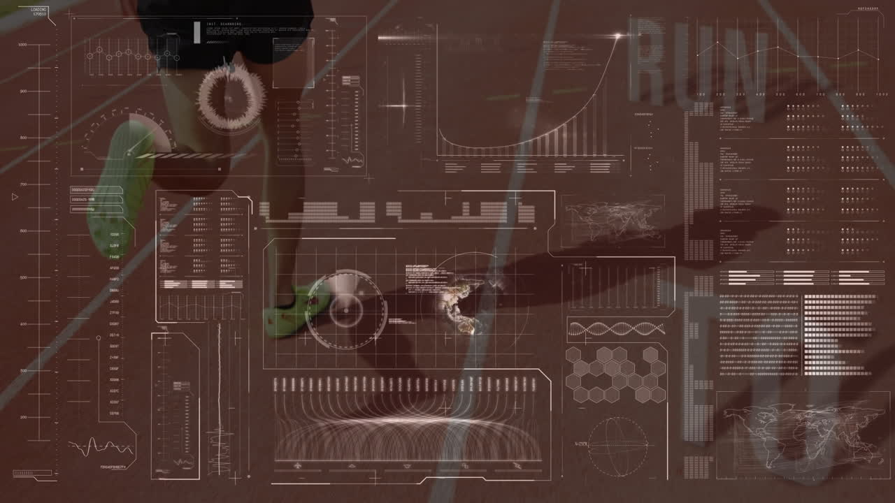 Animation of statistics and data processing over caucasian female runner