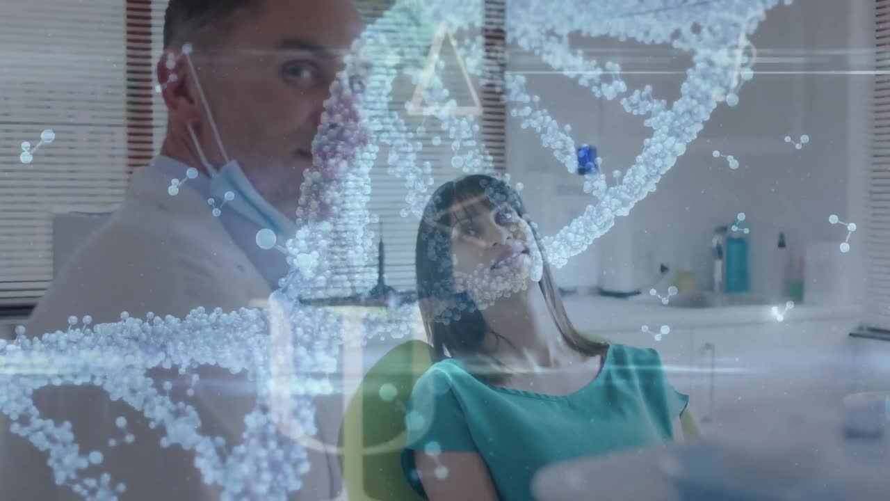 animación de la cadena de adn sobre un médico masculino caucásico hablando con un paciente