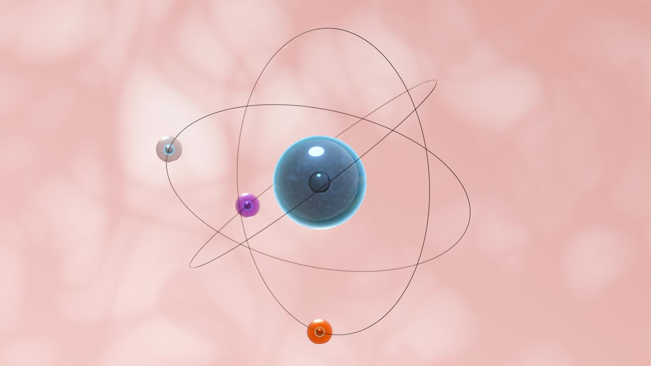 분홍색 유기 배경으로 원자 구의 움직임, 3d 렌더링.