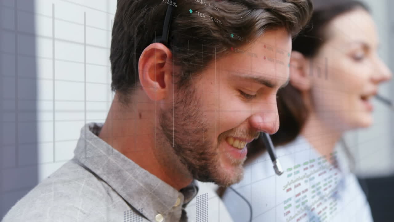 Animation of data processing over business people using phone headsets