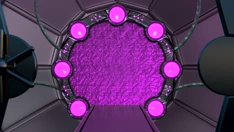 iron hatch opens panoramic view to the spaceship landscape scene. 3d abstract background of sci-fi corridor with portal. futuristic technology abstract vj for tech titles and background.
