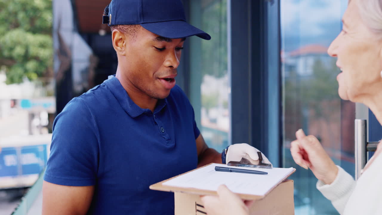 Delivery, package and black man with a woman
