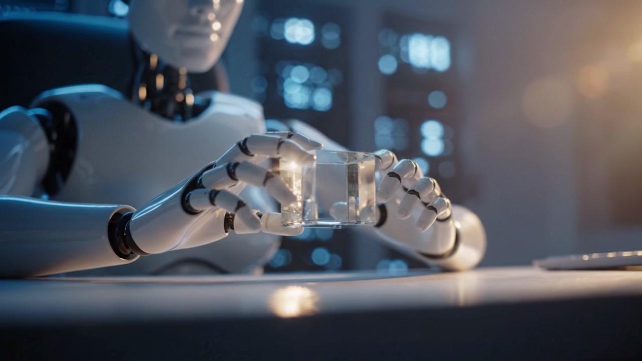 A robotic arm delicately holds a glass of water, combining technology and elegance while exploring the intersection of artificial intelligence and daily life.