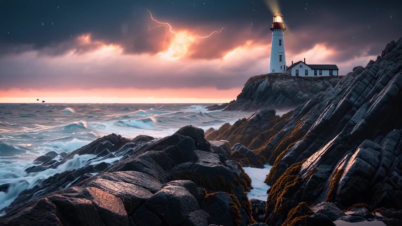 Onde dell'oceano si infrangono contro la costa rocciosa con un faro al tramonto