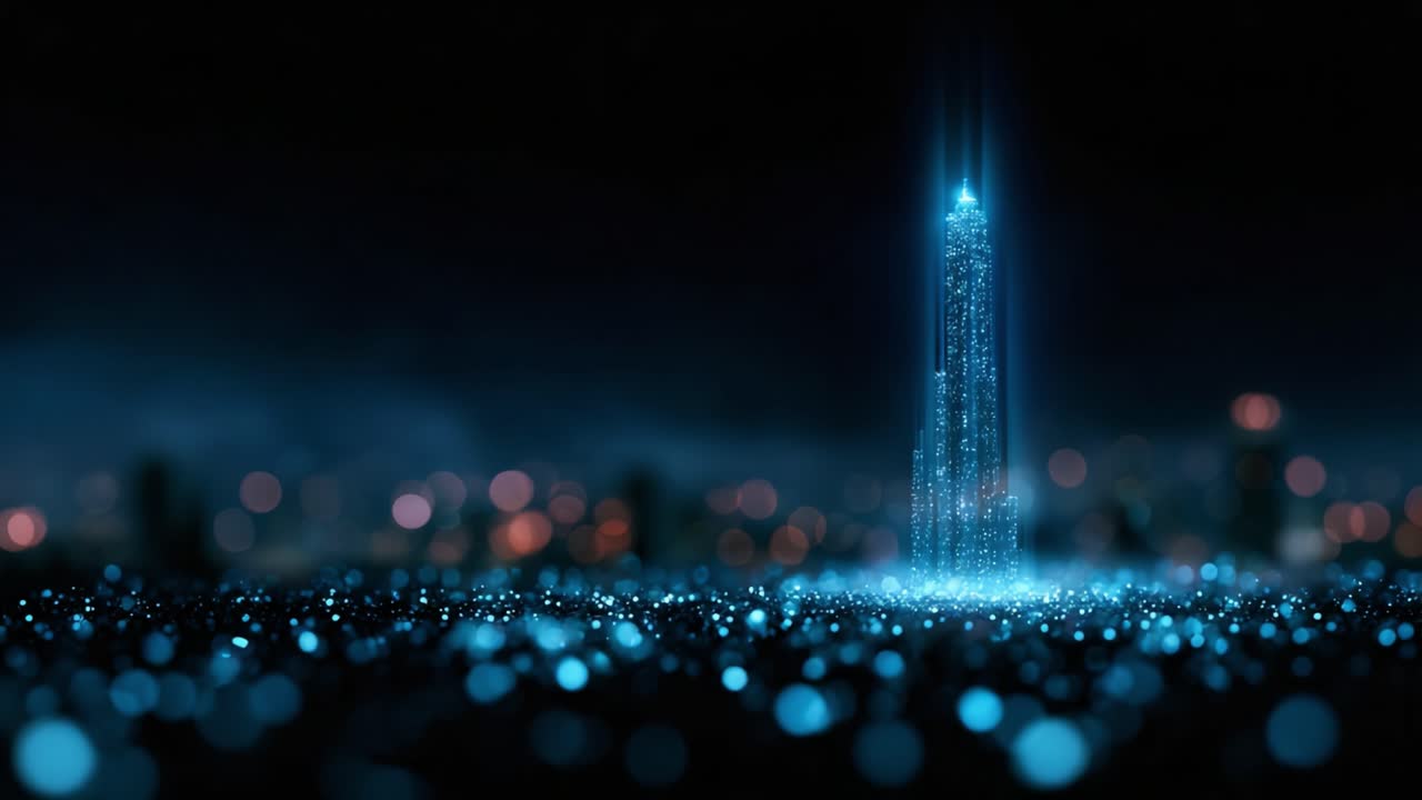 A Stunning Futuristic Tower Illuminated in Brilliant Blue Lights Surrounded by a Breathtaking Landscape of Sparkling Particles and Hazy Urban Background