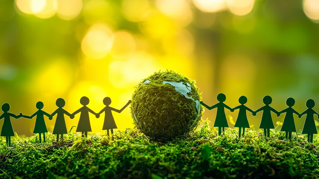 People unite for environmental awareness. Group of paper figures holding hands around a globe covered in moss, symbolizing unity for nature conservation