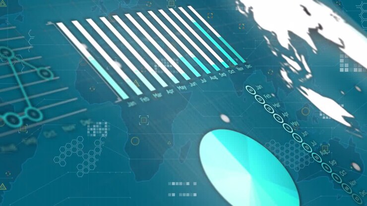 Animation of data processing over world map on blue background