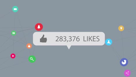 animación de la red de conexiones con iconos de redes sociales sobre el número de gustos en fondo gris