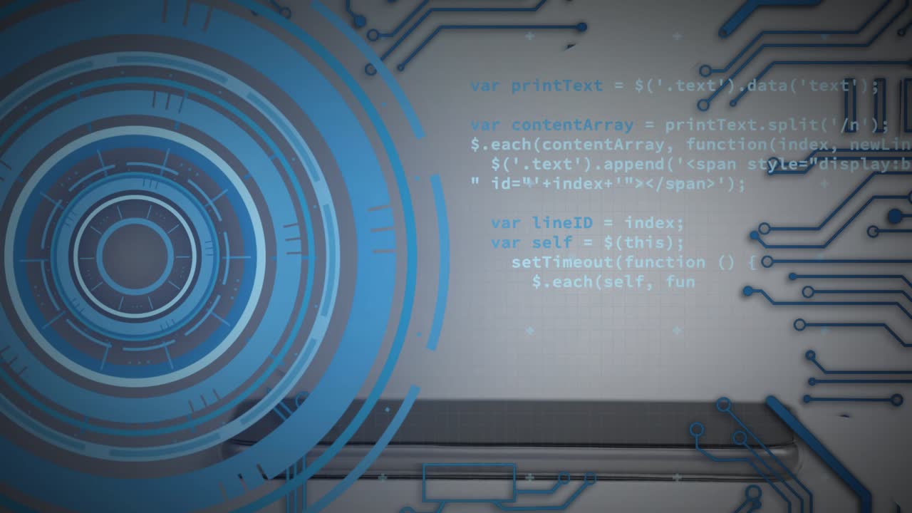 Upon laptop edge showing, blue ring fading, rotating, circuits animating, code typing for UI demo