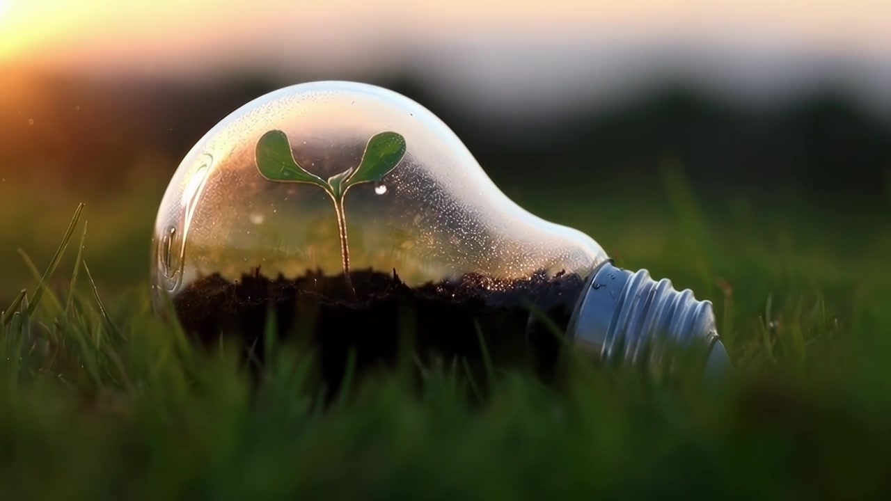 Green Sprout Growing Inside Light Bulb on Grass at Sunset