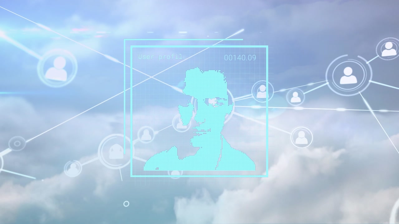 Animation of icons over face of icons and face of icons against blue background