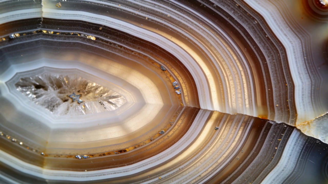 Una telecamera in movimento rivela una fetta di agata fasciata su un tavolo luminoso, esponendo il nucleo druzy e mostrando gli strati.
