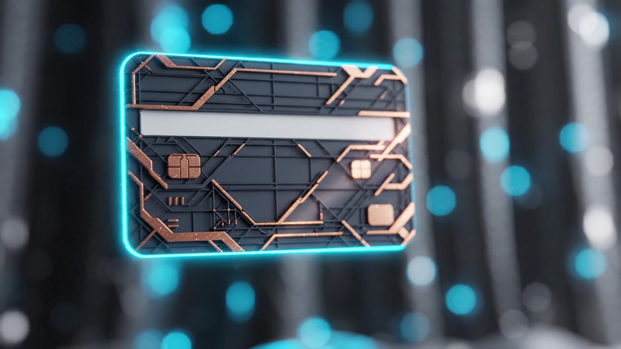 Carta di credito high-tech con un design elegante e futuristico, caratterizzata da motivi intricati ed elementi olografici, che fluttua su uno sfondo scintillante di toni blu e neri.