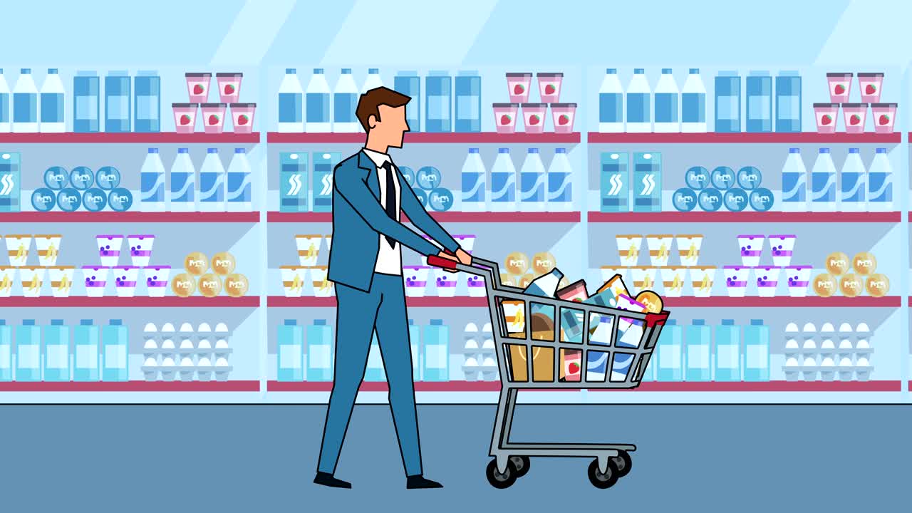 평평한 만화 사업가 캐릭터 워크는 쇼핑 카트 애니메이션과 함께 제공됩니다.